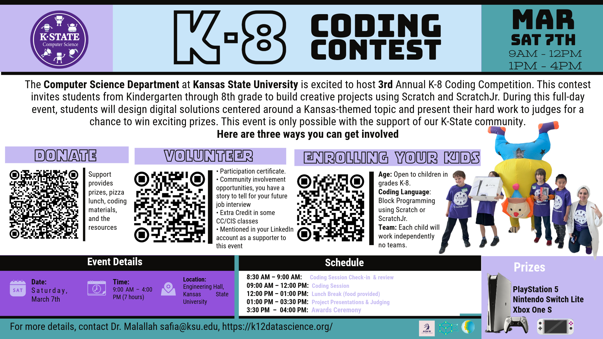 K-8 Coding Contest taking place March 7th from 9am-12pm and 1pm-4pm located at Engineering Hall at K-State