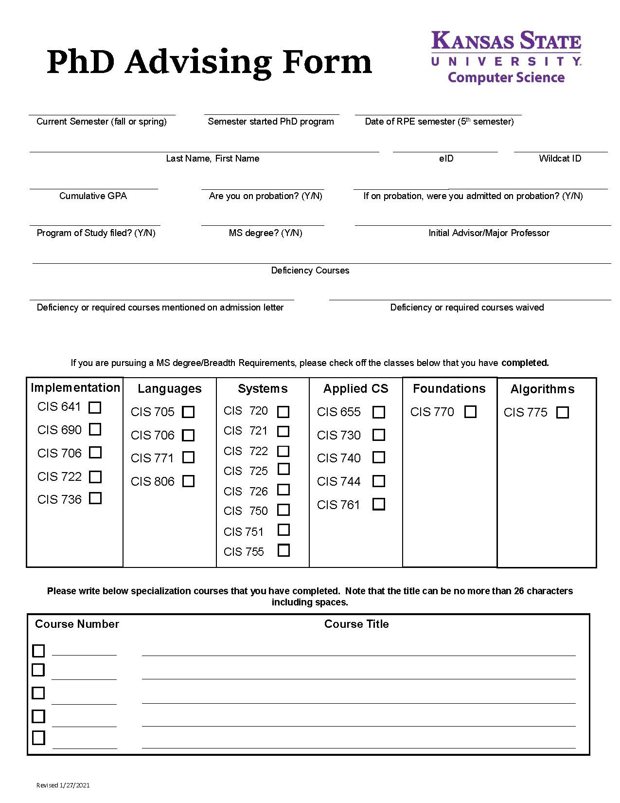 Ph.D. Advising Form #1